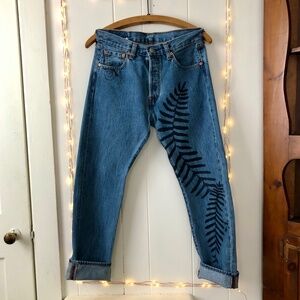 Handpainted Fern Frond Levi's 501 Jeans 30x30 Buttonfly